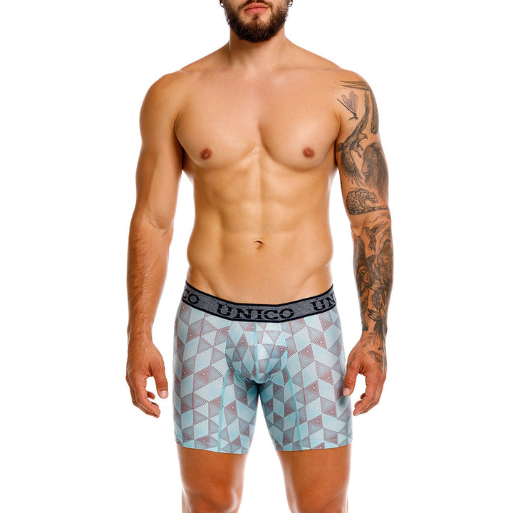 Unico Triangle Men's Mid-Length Boxer Brief - Blue Geometric Microfiber Underwear
