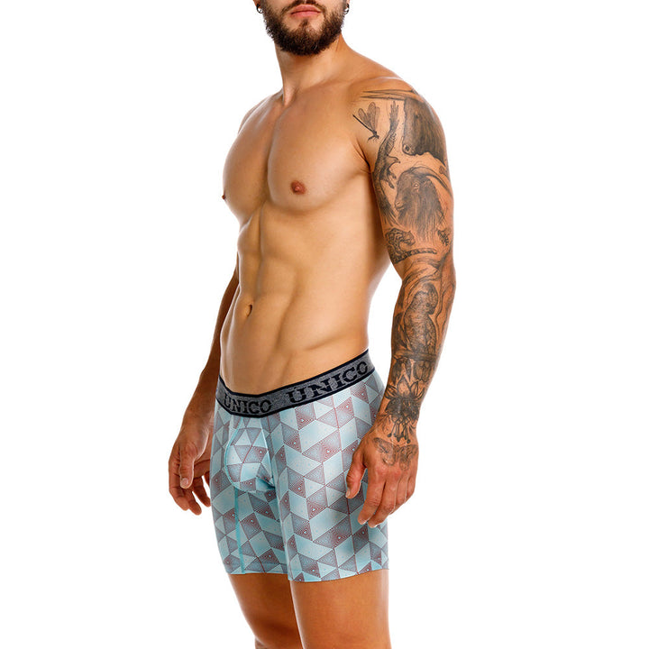 Unico Triangle Men's Mid-Length Boxer Brief - Blue Geometric Microfiber Underwear