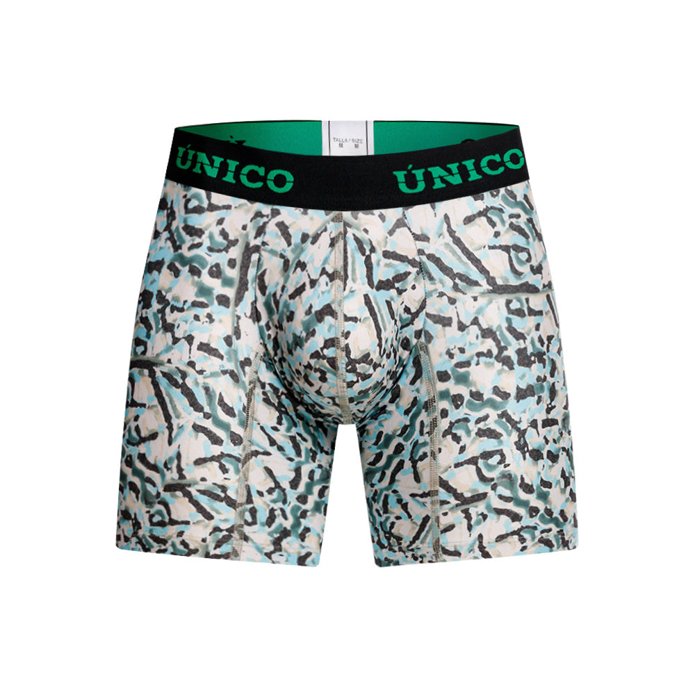 Mundo Unico Vallejuelo Men's Mid-Length Boxer Briefs – Green Printed Microfiber Underwear with Pouch Support
