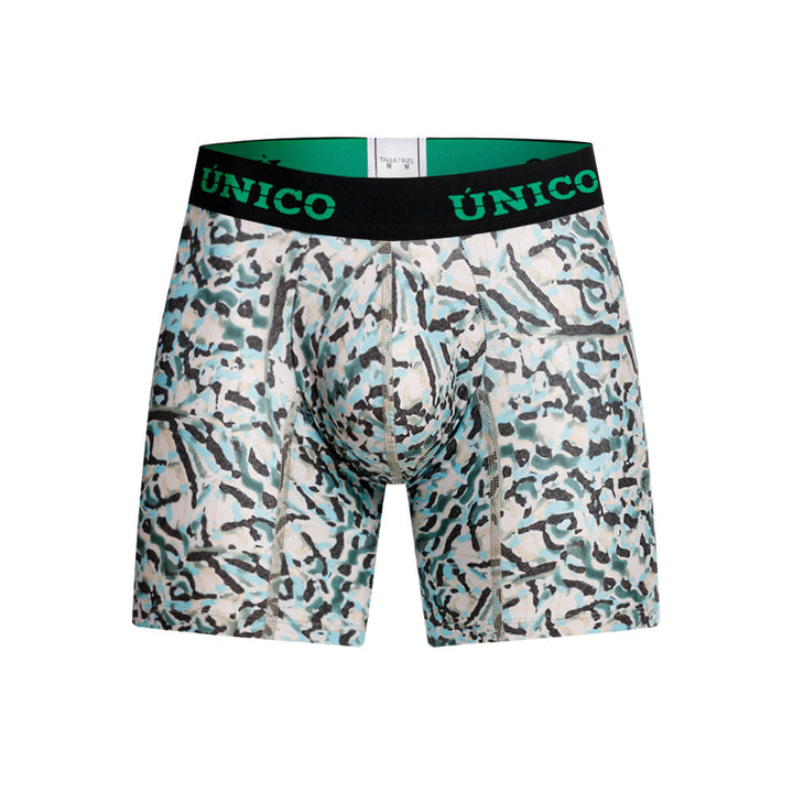 Mundo Unico Vallejuelo Men's Mid-Length Boxer Briefs – Green Printed Microfiber Underwear with Pouch Support