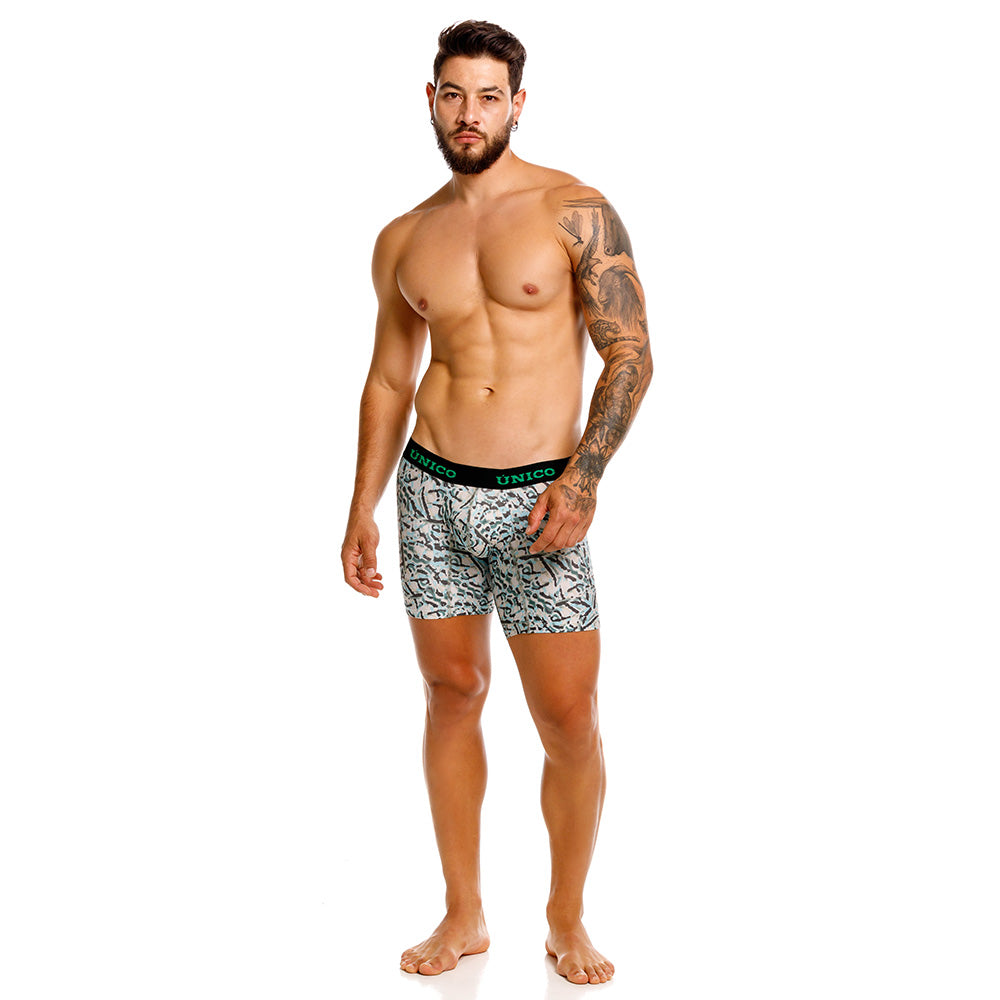 Mundo Unico Vallejuelo Men's Mid-Length Boxer Briefs – Green Printed Microfiber Underwear with Pouch Support