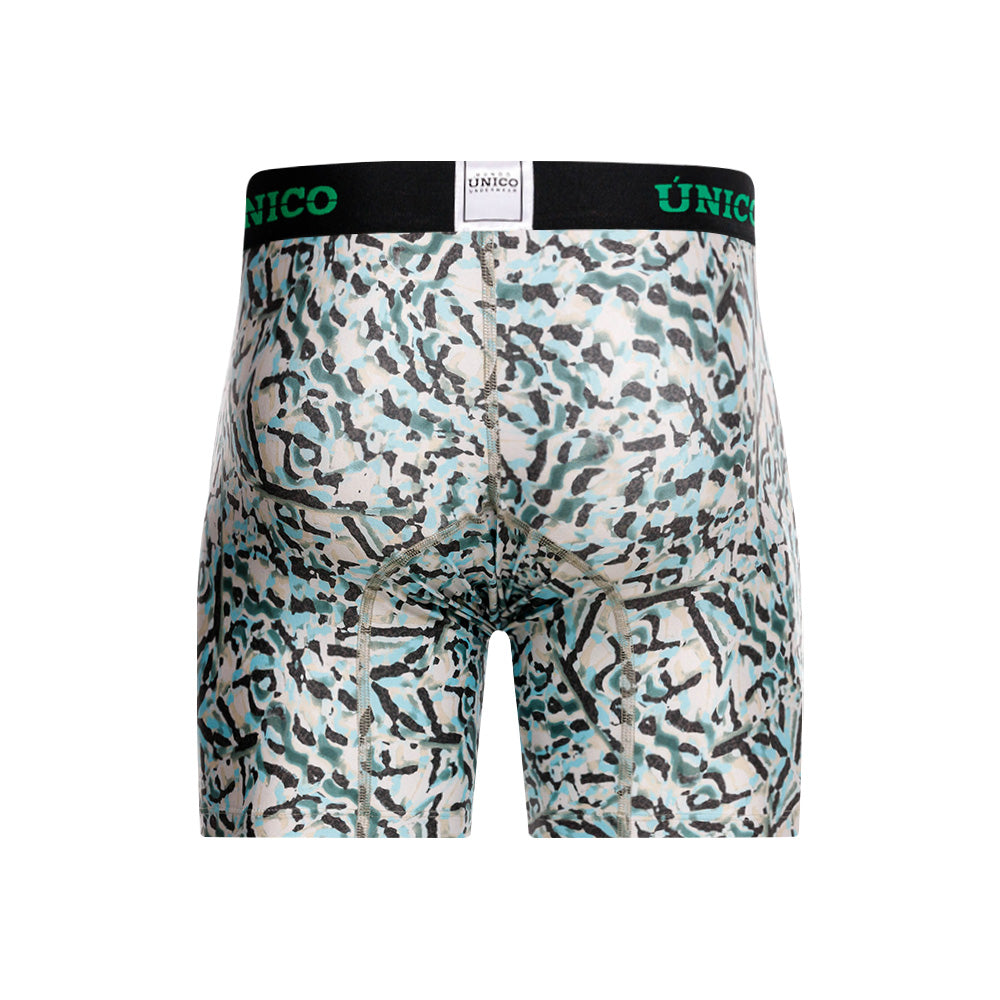 Mundo Unico Vallejuelo Men's Mid-Length Boxer Briefs – Green Printed Microfiber Underwear with Pouch Support