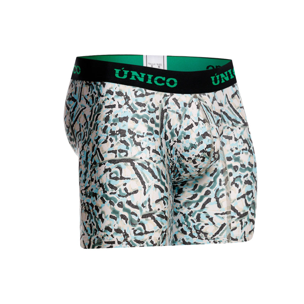 Mundo Unico Vallejuelo Men's Mid-Length Boxer Briefs – Green Printed Microfiber Underwear with Pouch Support