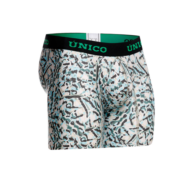 Mundo Unico Vallejuelo Men's Mid-Length Boxer Briefs – Green Printed Microfiber Underwear with Pouch Support