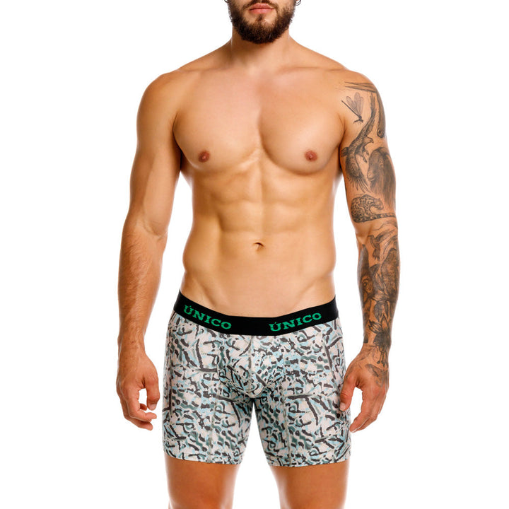 Mundo Unico Vallejuelo Men's Mid-Length Boxer Briefs – Green Printed Microfiber Underwear with Pouch Support
