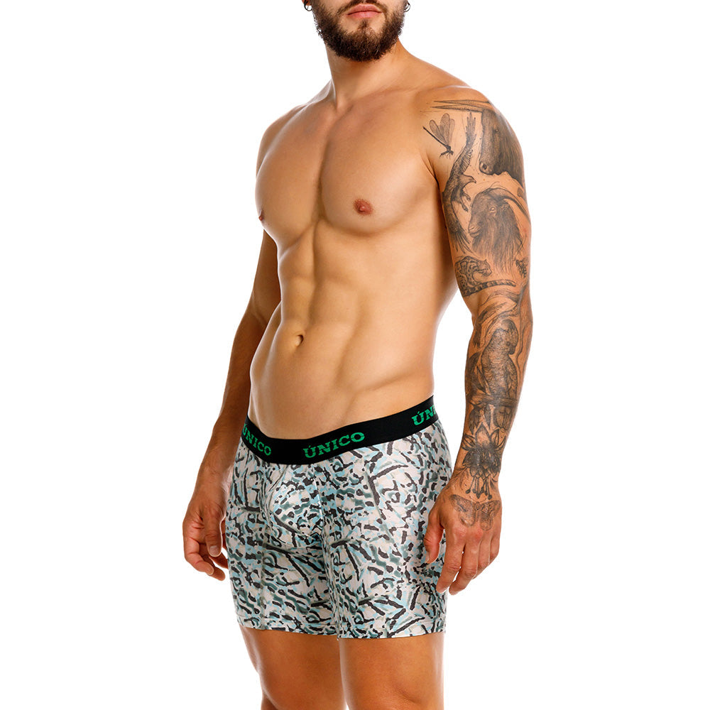 Mundo Unico Vallejuelo Men's Mid-Length Boxer Briefs – Green Printed Microfiber Underwear with Pouch Support
