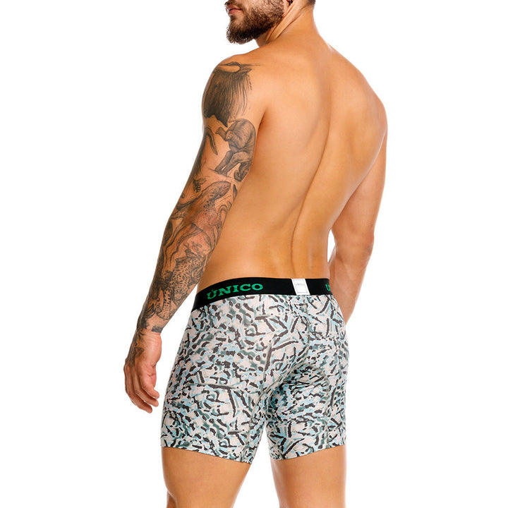 Mundo Unico Vallejuelo Men's Mid-Length Boxer Briefs – Green Printed Microfiber Underwear with Pouch Support