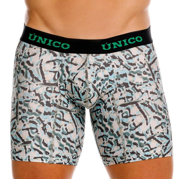 Mundo Unico Vallejuelo Men's Mid-Length Boxer Briefs – Green Printed Microfiber Underwear with Pouch Support