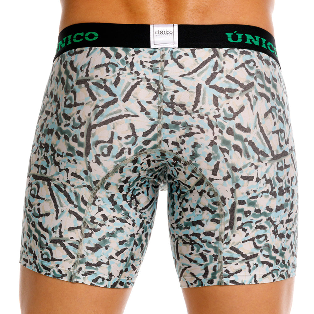 Mundo Unico Vallejuelo Men's Mid-Length Boxer Briefs – Green Printed Microfiber Underwear with Pouch Support