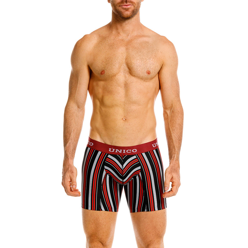 Mundo Unico Banlung Men's Mid-Length Boxer Briefs – Black Striped Microfiber Underwear with Pouch Support