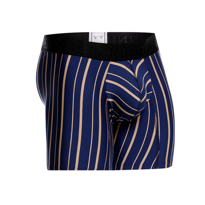 Title: Unico Chisec Men's Mid-Length Boxer Brief - Blue & Sand Striped Microfiber