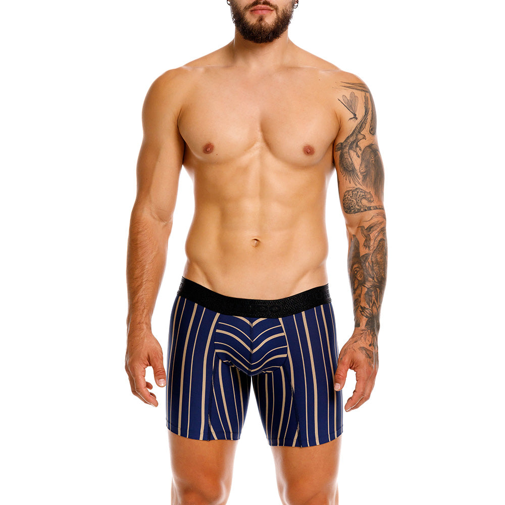 Title: Unico Chisec Men's Mid-Length Boxer Brief - Blue & Sand Striped Microfiber