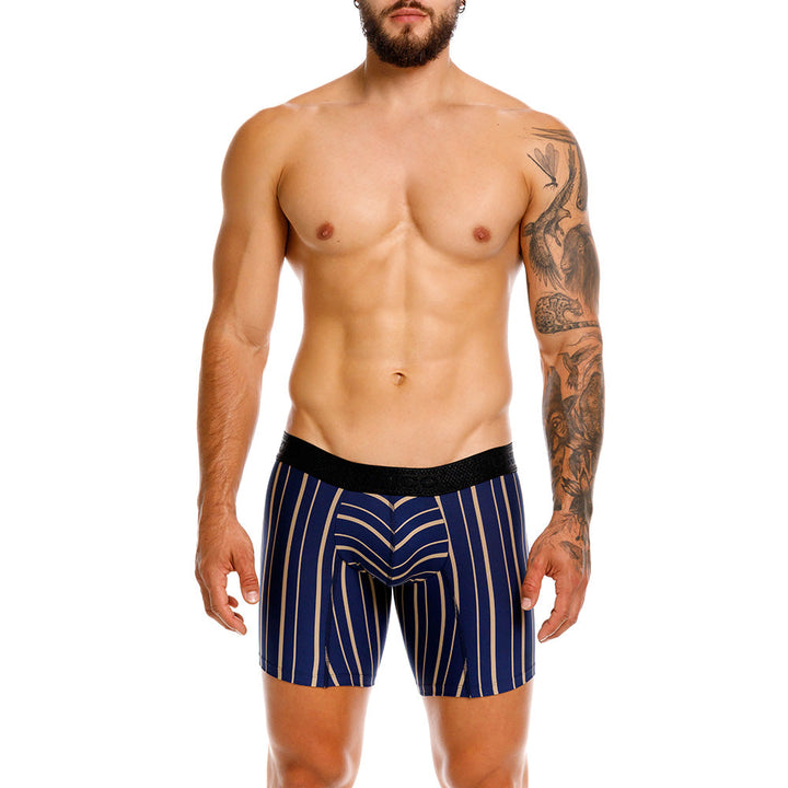 Title: Unico Chisec Men's Mid-Length Boxer Brief - Blue & Sand Striped Microfiber