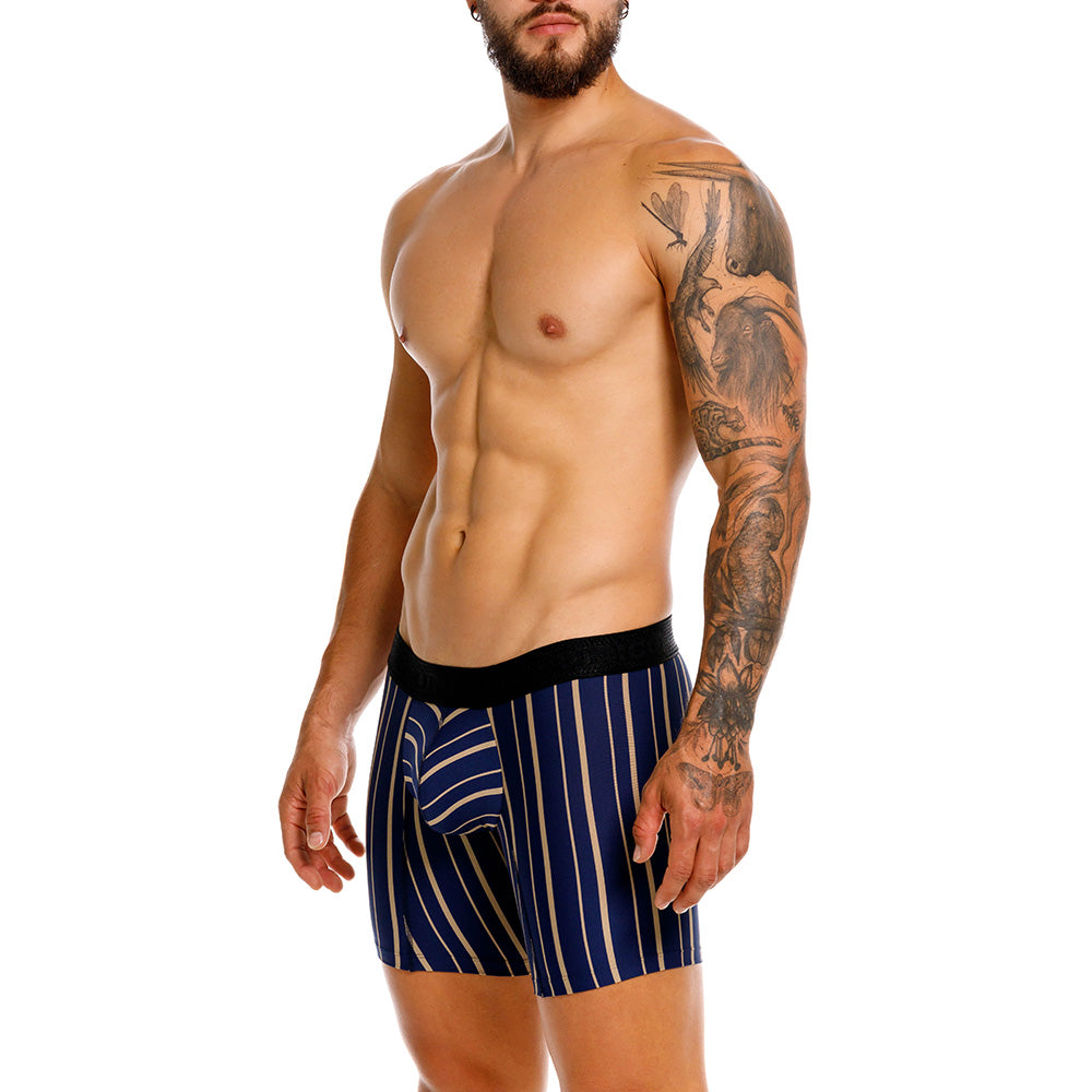 Title: Unico Chisec Men's Mid-Length Boxer Brief - Blue & Sand Striped Microfiber