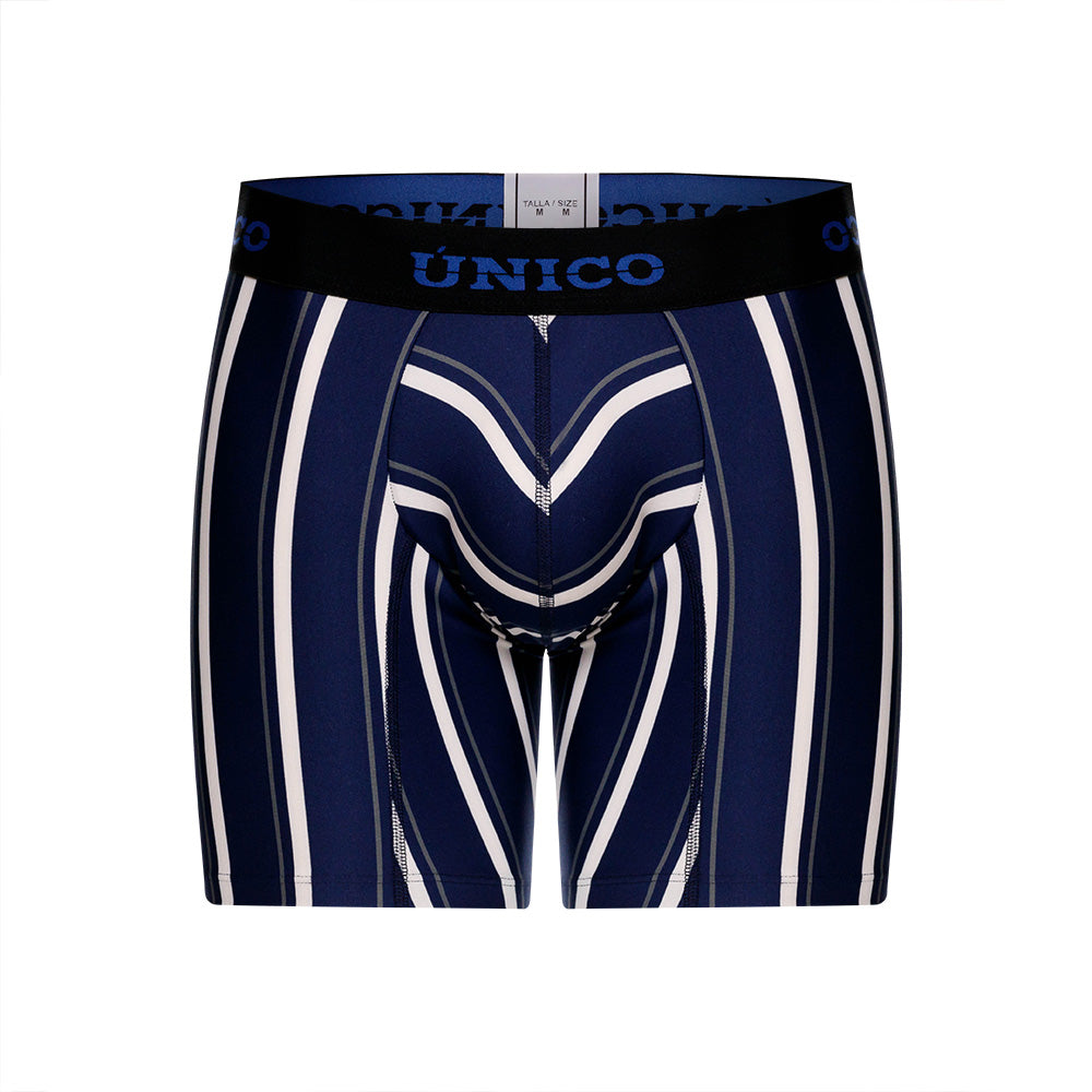 Mundo Unico Feres Men's Mid-Length Boxer Briefs – Blue Striped Microfiber Underwear with Pouch Support