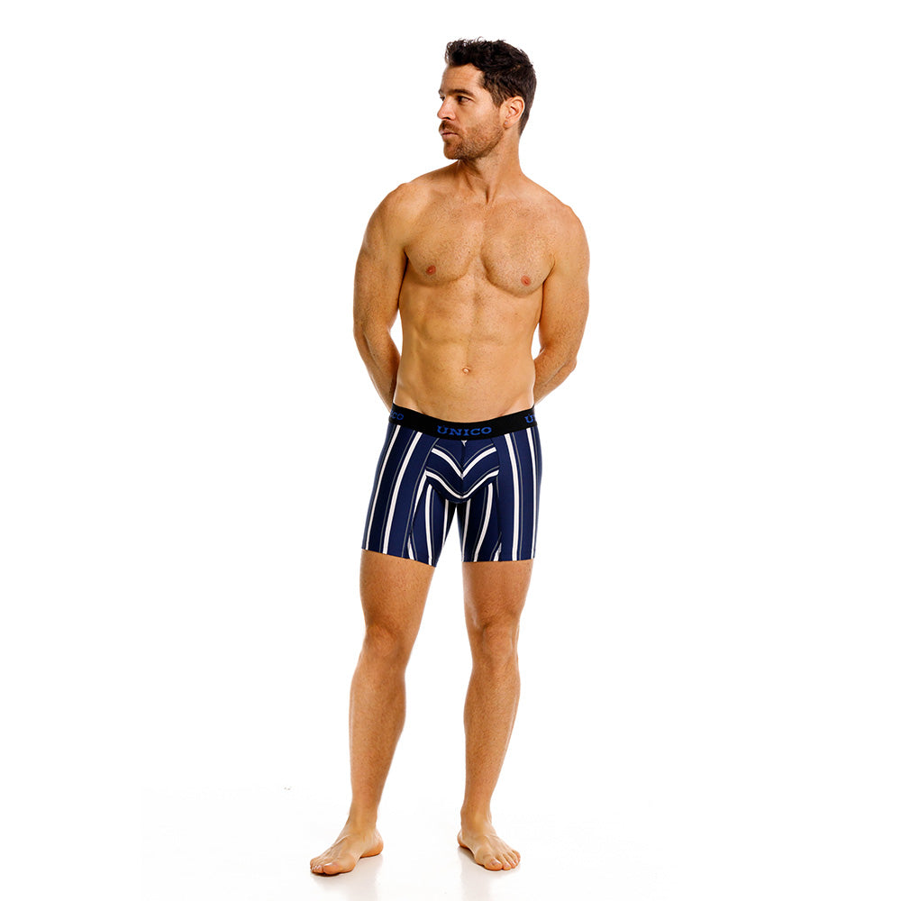 Mundo Unico Feres Men's Mid-Length Boxer Briefs – Blue Striped Microfiber Underwear with Pouch Support