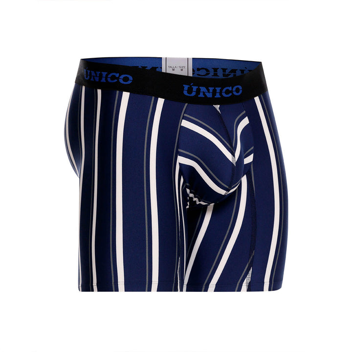 Mundo Unico Feres Men's Mid-Length Boxer Briefs – Blue Striped Microfiber Underwear with Pouch Support