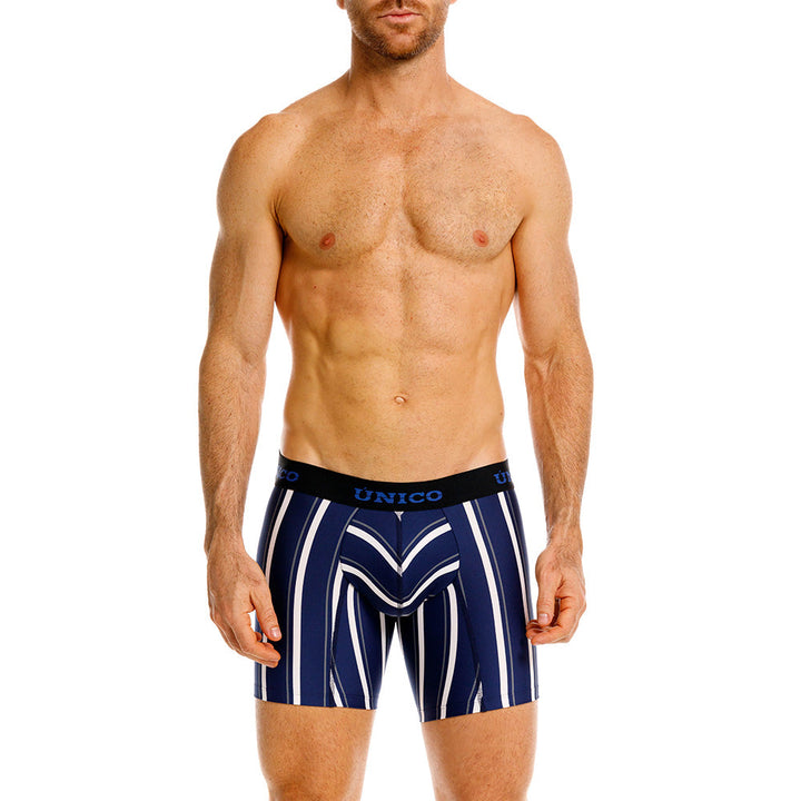 Mundo Unico Feres Men's Mid-Length Boxer Briefs – Blue Striped Microfiber Underwear with Pouch Support