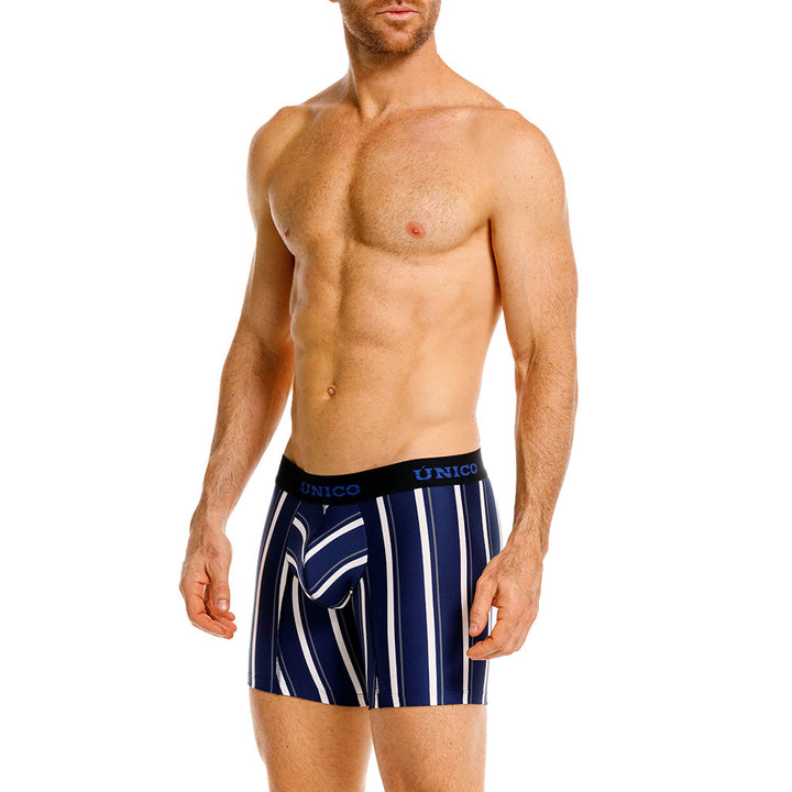 Mundo Unico Feres Men's Mid-Length Boxer Briefs – Blue Striped Microfiber Underwear with Pouch Support