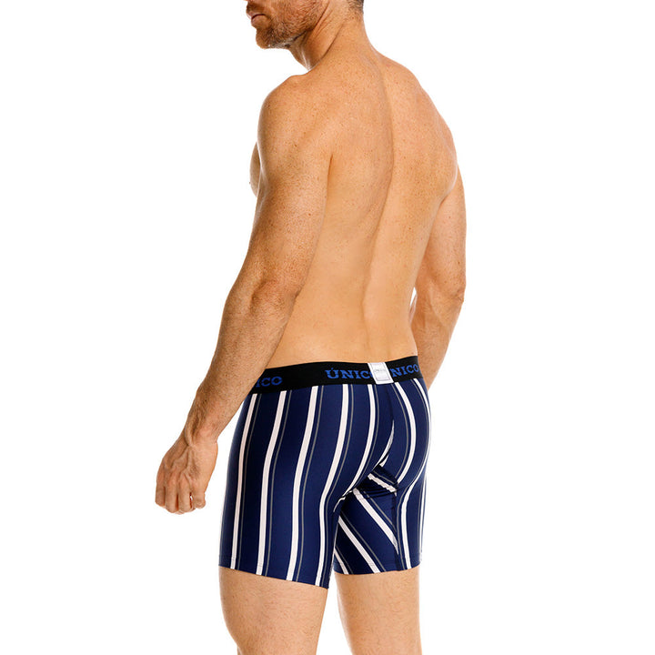 Mundo Unico Feres Men's Mid-Length Boxer Briefs – Blue Striped Microfiber Underwear with Pouch Support