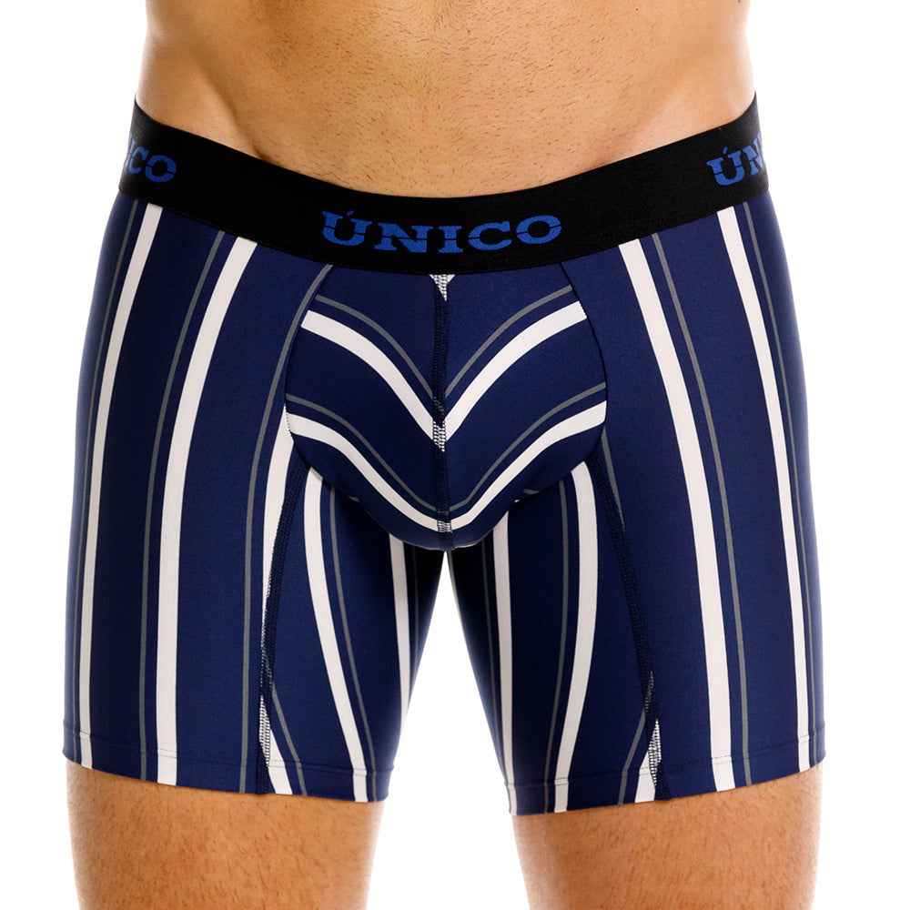 Mundo Unico Feres Men's Mid-Length Boxer Briefs – Blue Striped Microfiber Underwear with Pouch Support