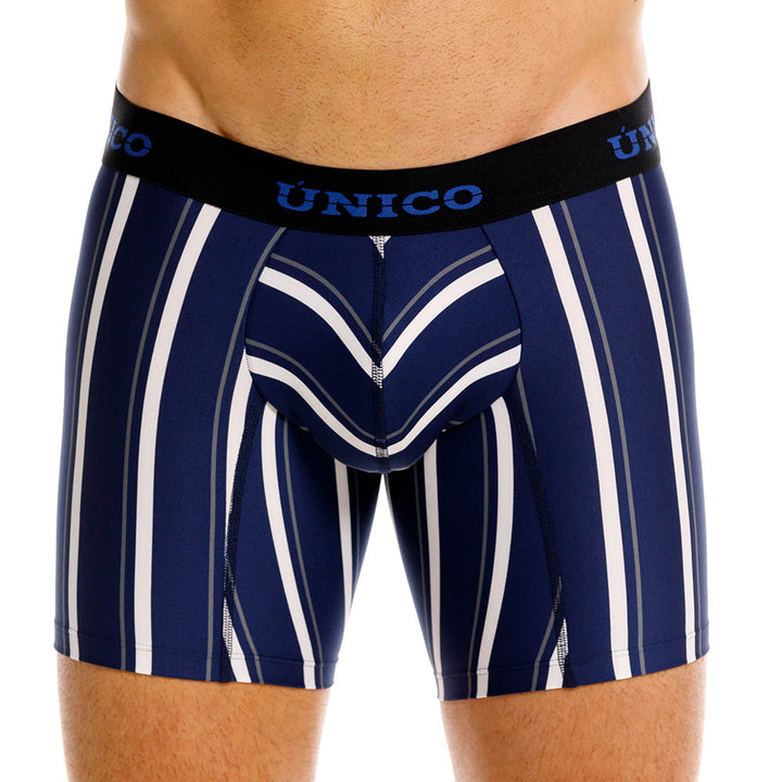 Mundo Unico Feres Men's Mid-Length Boxer Briefs – Blue Striped Microfiber Underwear with Pouch Support