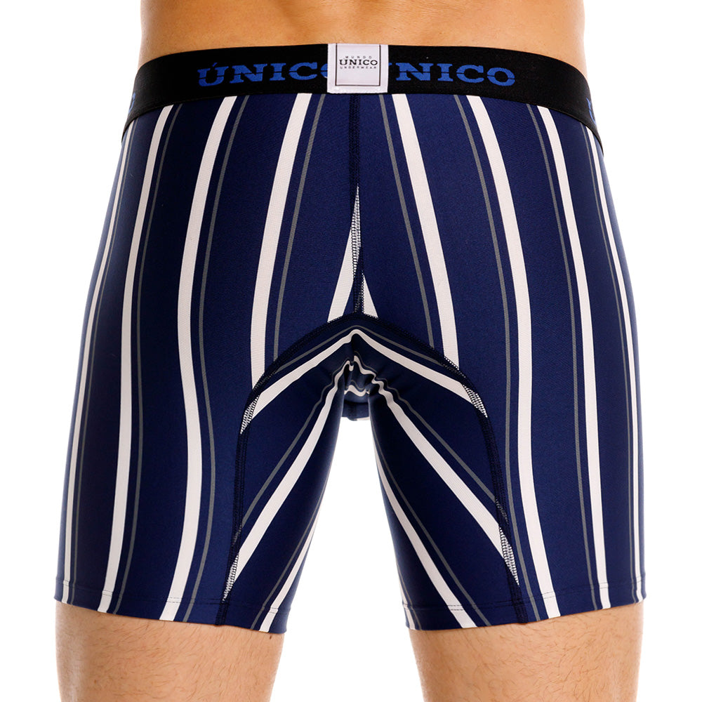 Mundo Unico Feres Men's Mid-Length Boxer Briefs – Blue Striped Microfiber Underwear with Pouch Support