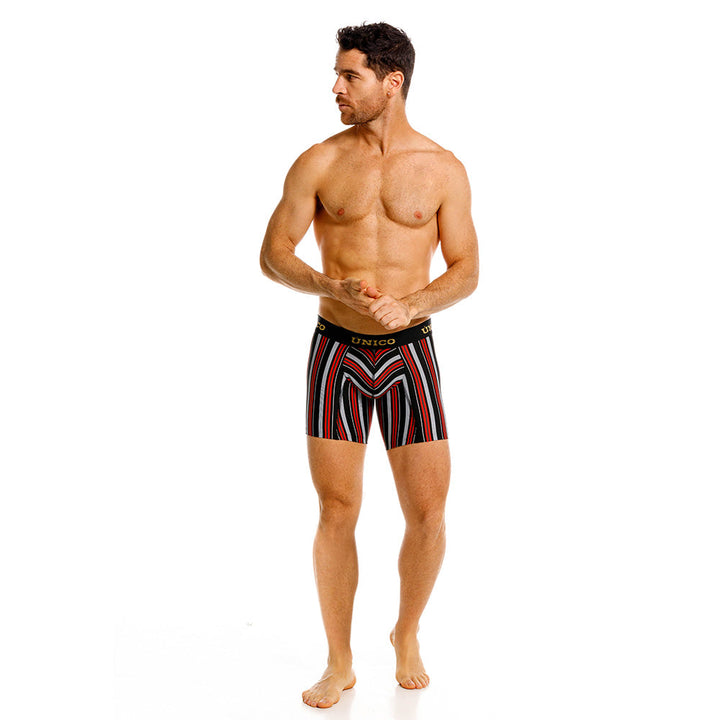 Unico Haifa Men's Mid-Length Boxer Brief - Black & Red Striped Microfibre