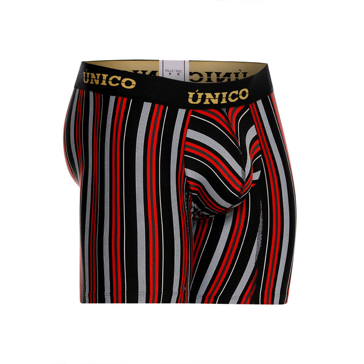 Unico Haifa Men's Mid-Length Boxer Brief - Black & Red Striped Microfibre