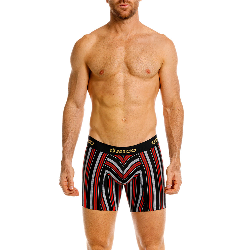 Unico Haifa Men's Mid-Length Boxer Brief - Black & Red Striped Microfibre