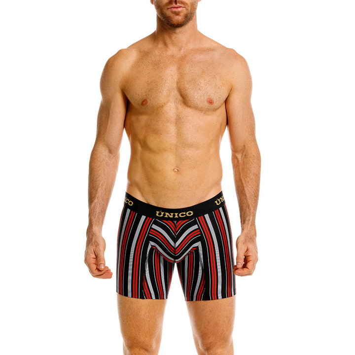 Unico Haifa Men's Mid-Length Boxer Brief - Black & Red Striped Microfibre