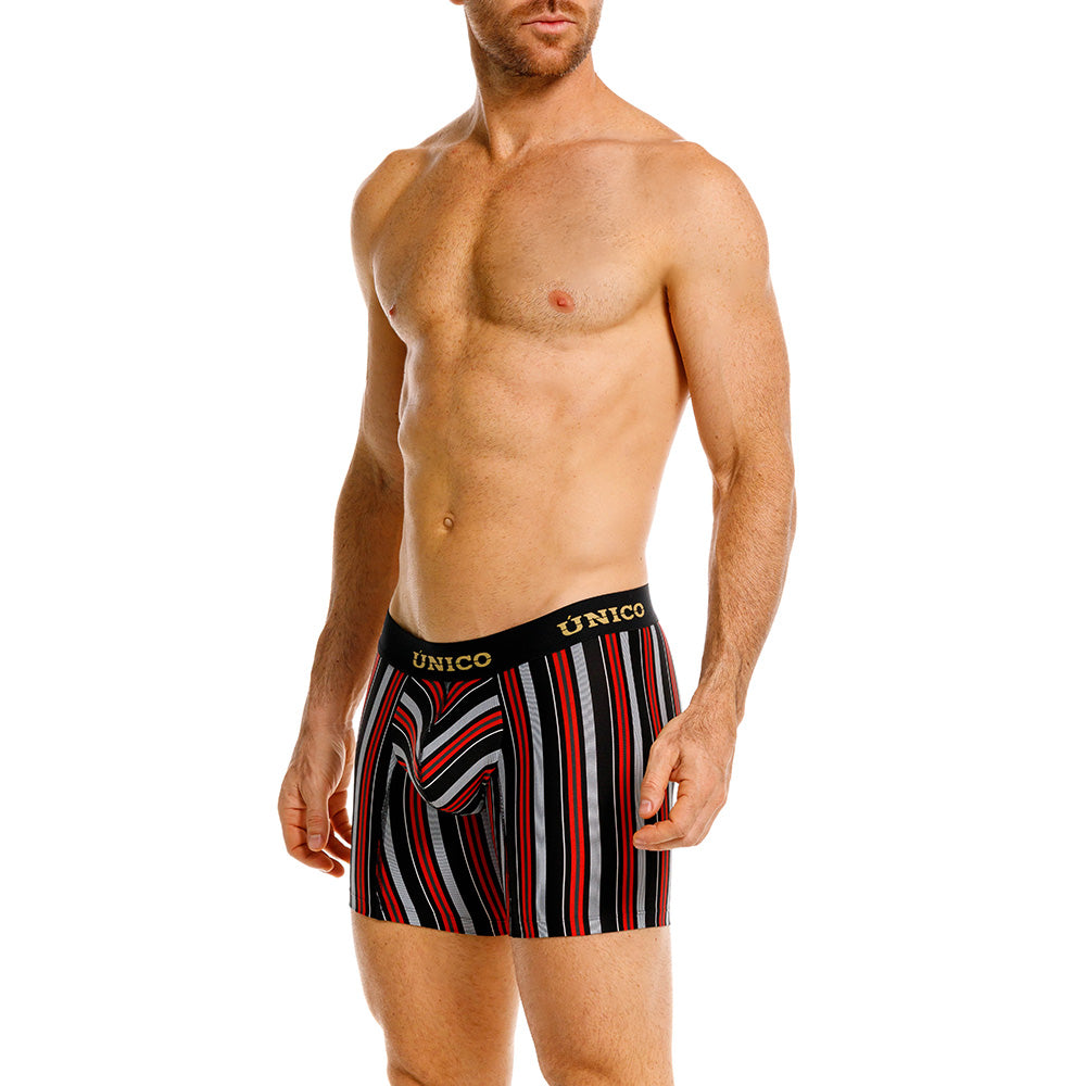 Unico Haifa Men's Mid-Length Boxer Brief - Black & Red Striped Microfibre