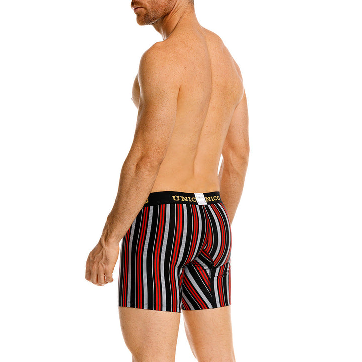Unico Haifa Men's Mid-Length Boxer Brief - Black & Red Striped Microfibre