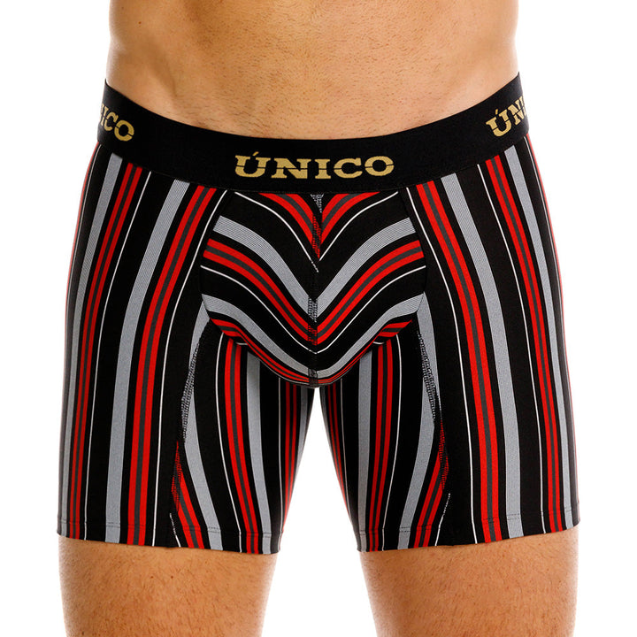 Unico Haifa Men's Mid-Length Boxer Brief - Black & Red Striped Microfibre