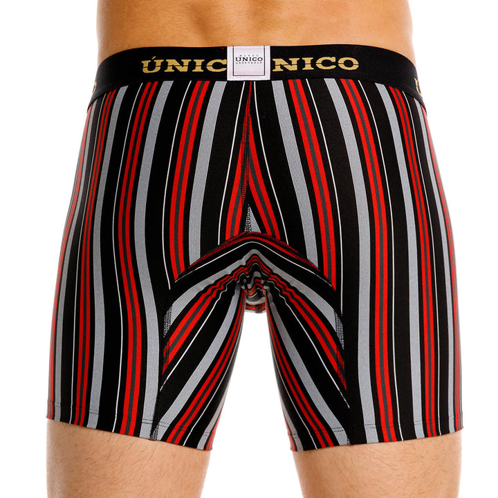 Unico Haifa Men's Mid-Length Boxer Brief - Black & Red Striped Microfibre