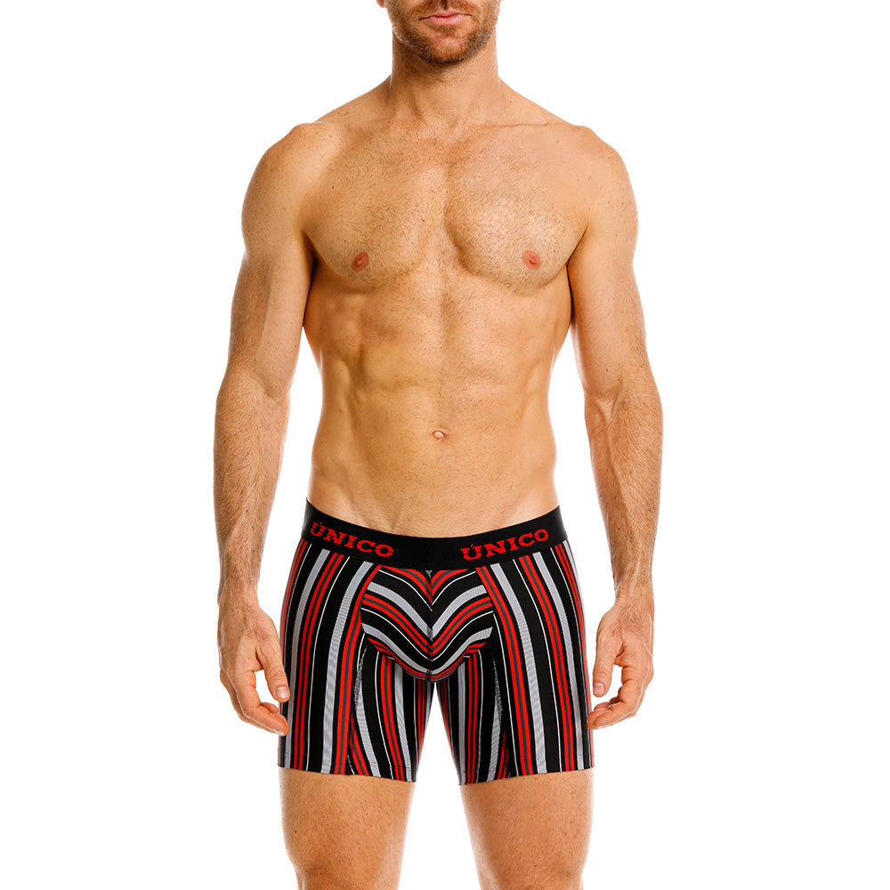Mundo Unico Istambul Men's Mid-Length Boxer Briefs – Black Striped Microfiber Underwear with Pouch Support