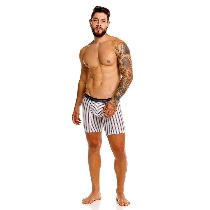 Mundo Unico Melton White Mid-Length Boxer Briefs – Men's Striped Microfiber Underwear with Pouch Support