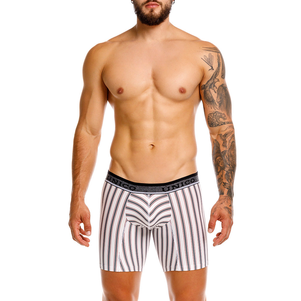 Mundo Unico Melton White Mid-Length Boxer Briefs – Men's Striped Microfiber Underwear with Pouch Support