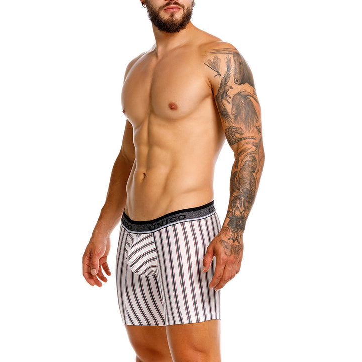 Mundo Unico Melton White Mid-Length Boxer Briefs – Men's Striped Microfiber Underwear with Pouch Support