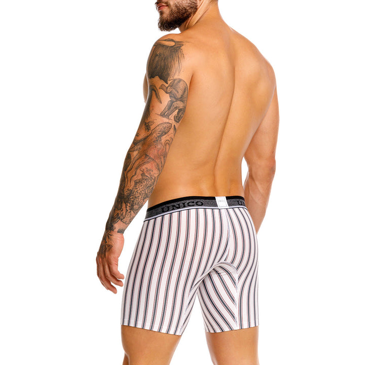 Mundo Unico Melton White Mid-Length Boxer Briefs – Men's Striped Microfiber Underwear with Pouch Support