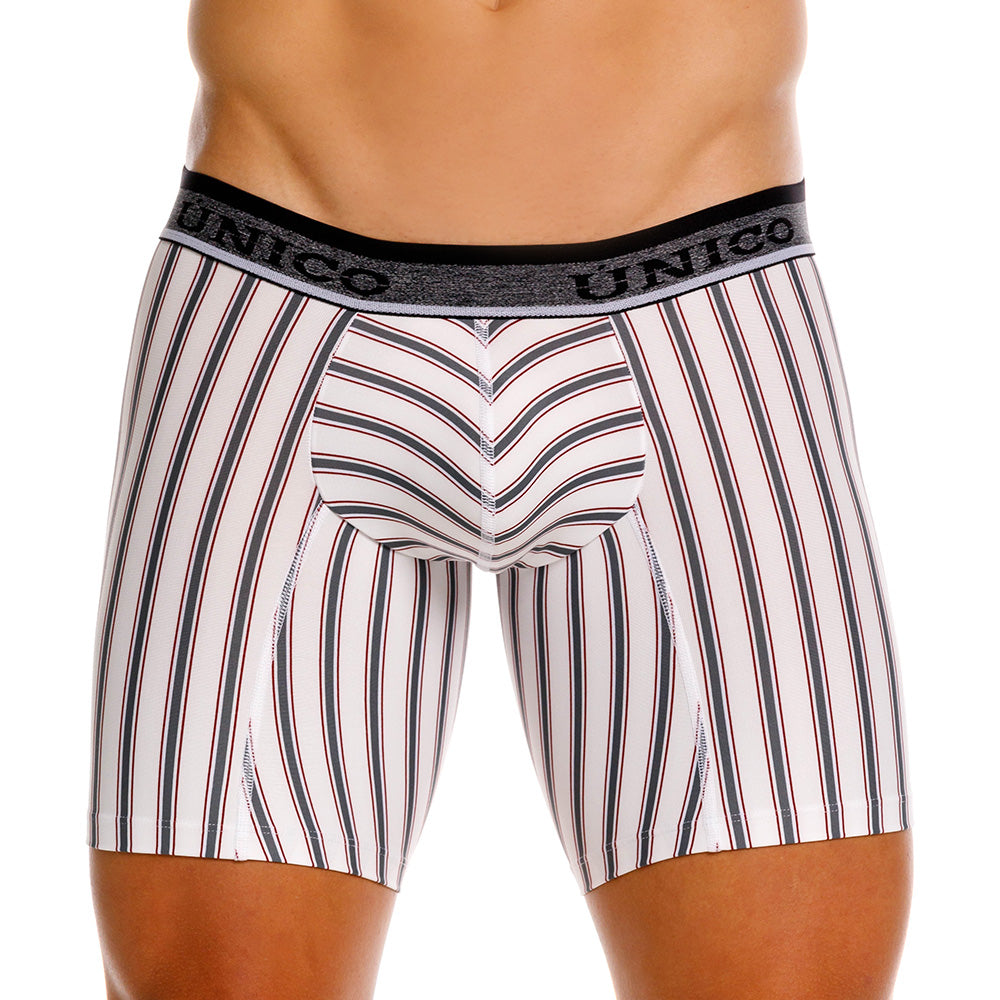 Mundo Unico Melton White Mid-Length Boxer Briefs – Men's Striped Microfiber Underwear with Pouch Support