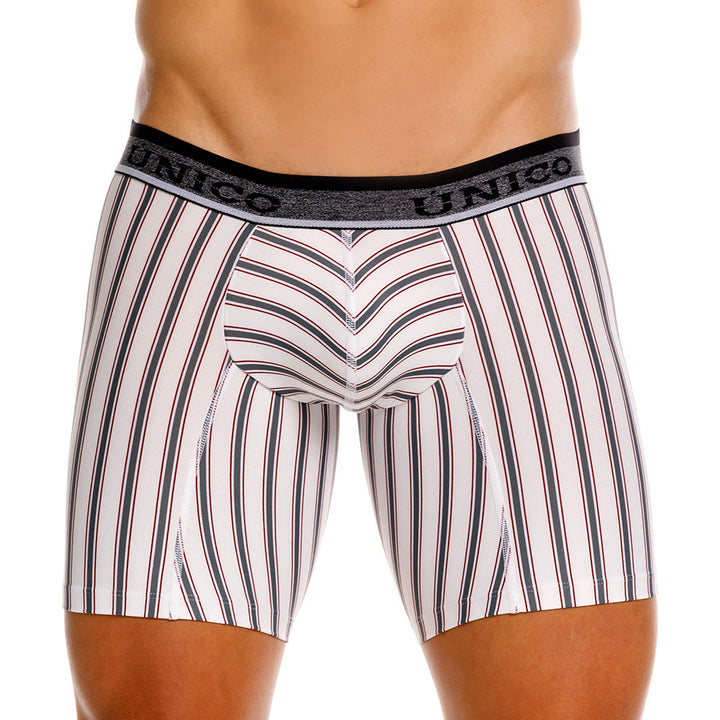 Mundo Unico Melton White Mid-Length Boxer Briefs – Men's Striped Microfiber Underwear with Pouch Support