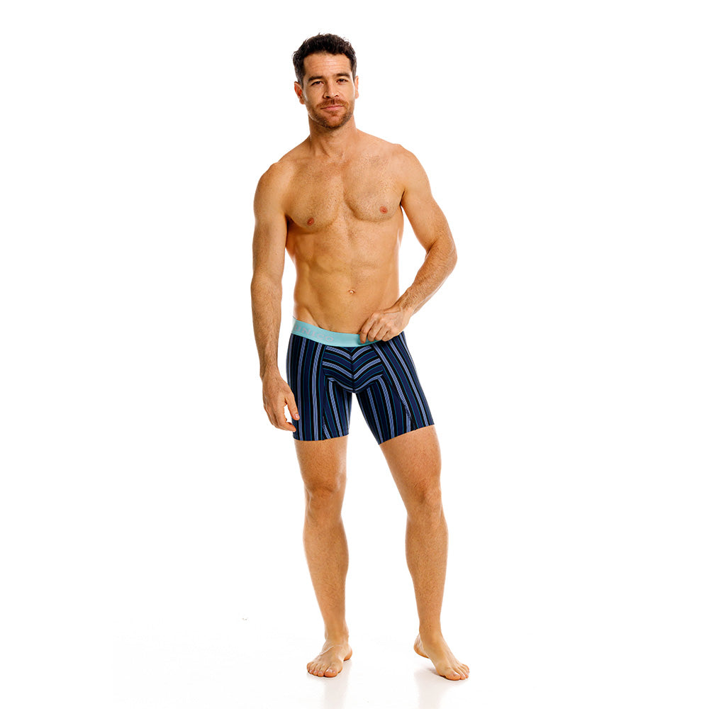 Mundo Unico Men's Mid-Length Boxer Briefs - Nagaoki Blue Striped Microfiber