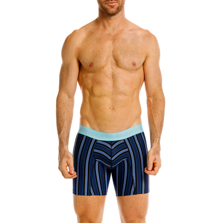 Mundo Unico Men's Mid-Length Boxer Briefs - Nagaoki Blue Striped Microfiber