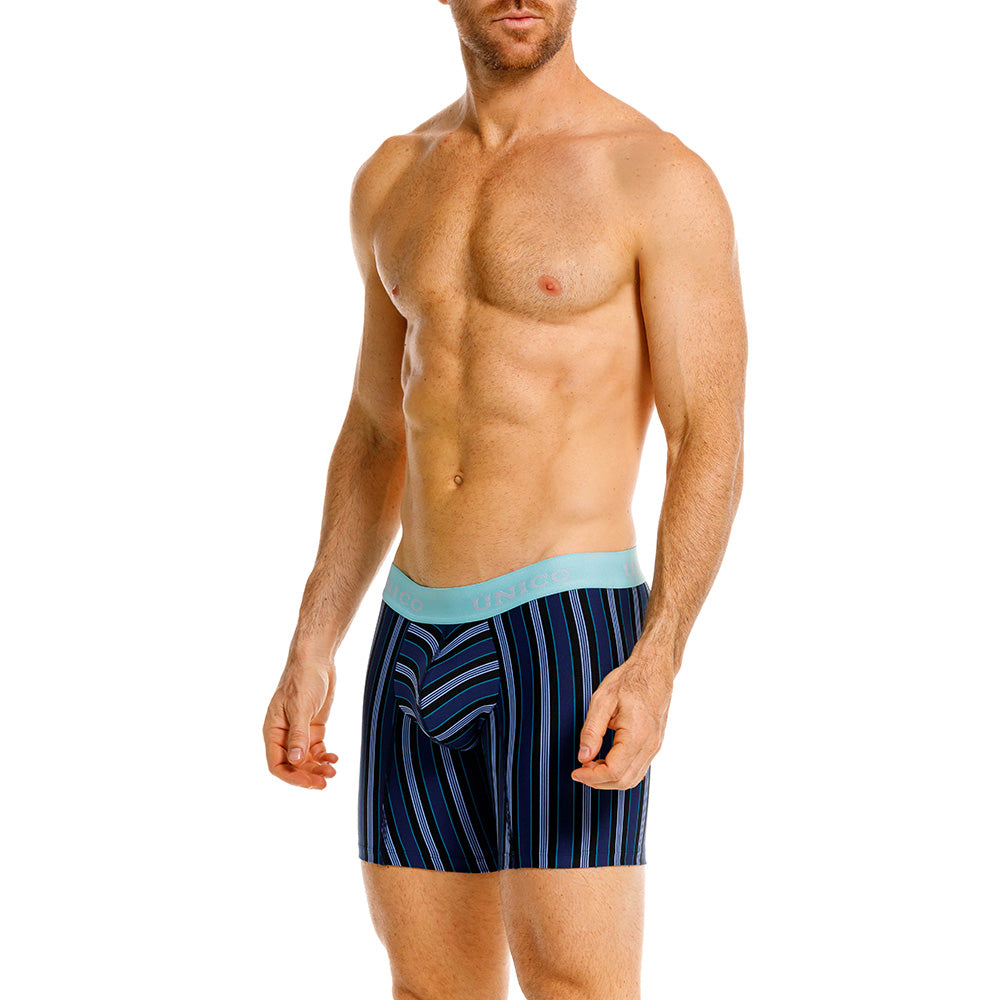 Mundo Unico Men's Mid-Length Boxer Briefs - Nagaoki Blue Striped Microfiber