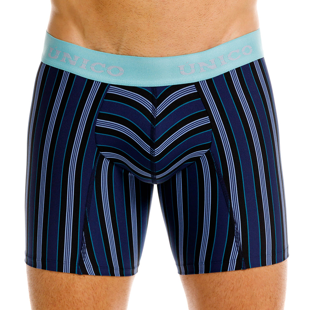 Mundo Unico Men's Mid-Length Boxer Briefs - Nagaoki Blue Striped Microfiber