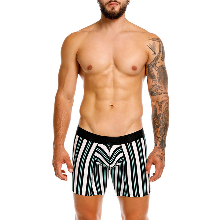 Mundo Unico Orquidea Men's Mid-Length Boxer Briefs – White Striped Microfiber Underwear with Pouch Support