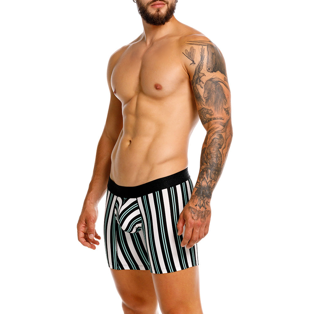 Mundo Unico Orquidea Men's Mid-Length Boxer Briefs – White Striped Microfiber Underwear with Pouch Support