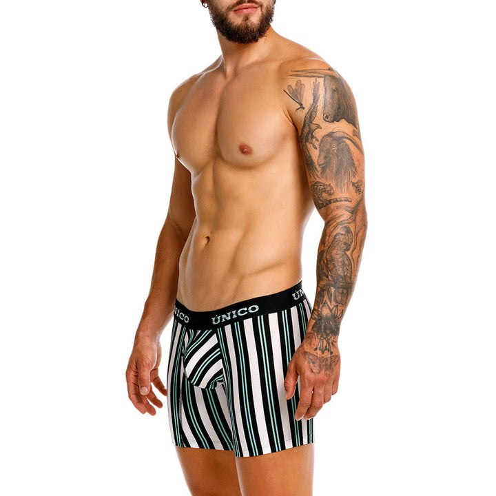 Unico Rabinal Men's Mid-Length Boxer Brief - White Striped Microfibre