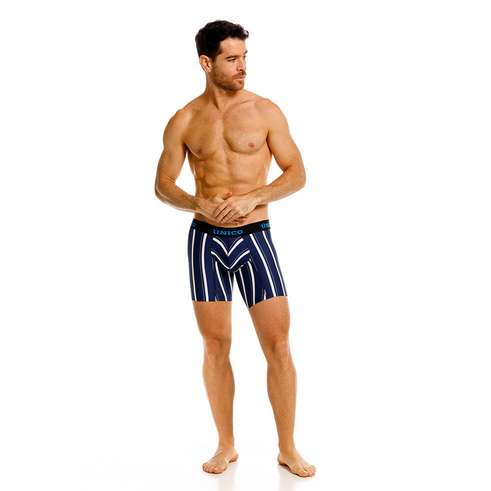 Unico Rumia Men's Mid-Length Boxer Brief - Navy & White Multi-Stripe Microfibre